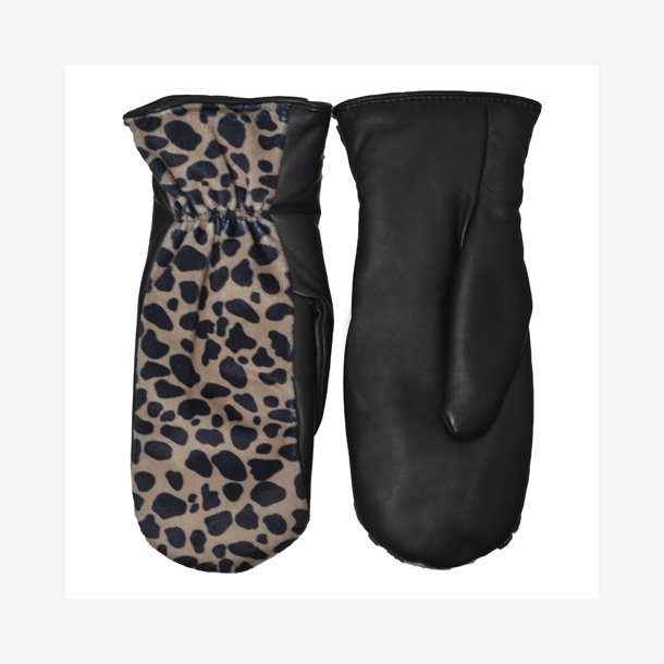 Belsac, skindluffe i sort med leopard look p oversiden