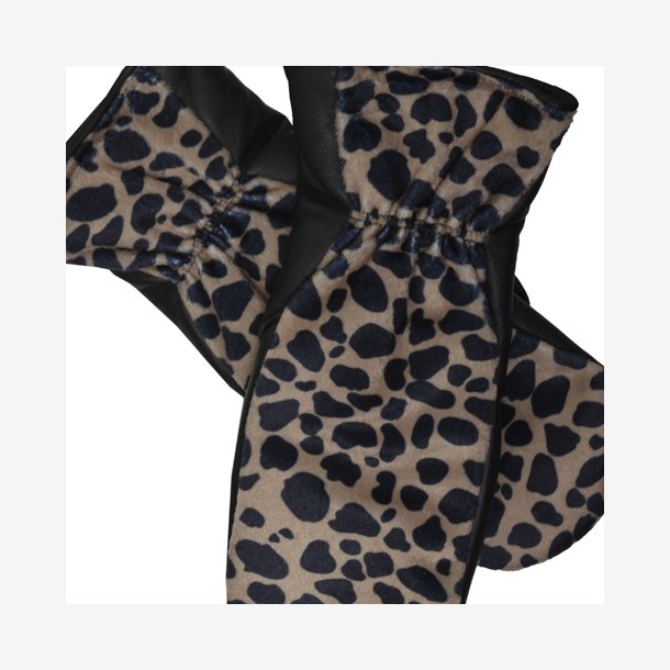Belsac, skindluffe i sort med leopard look p oversiden