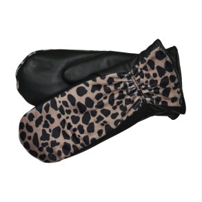 Belsac, skindluffe i sort med leopard look p� oversiden
