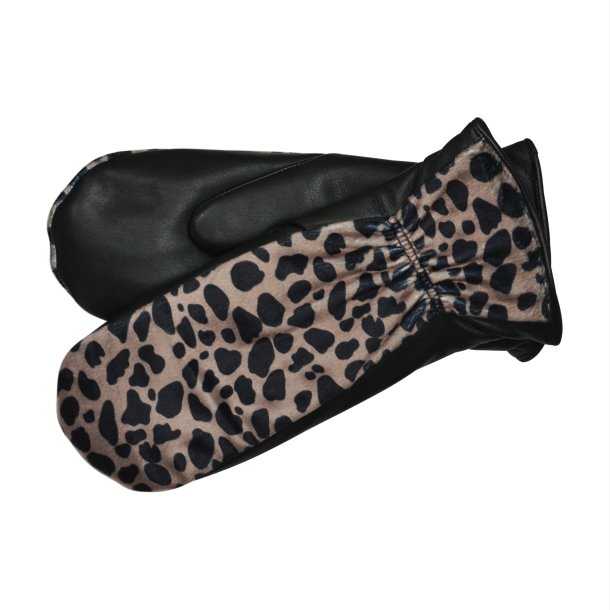 Belsac, skindluffe i sort med leopard look p oversiden