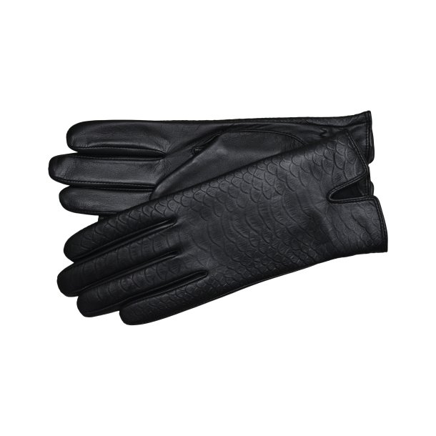 Belsac, kort skindhandske i sort med snakeprint p oversiden