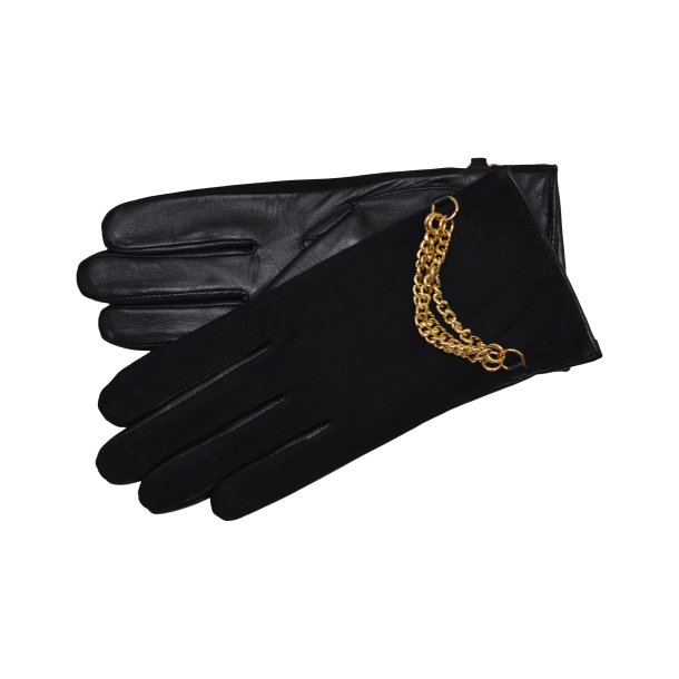 Belsac, sort skindhandske med guldkde og ruskind p oversiden