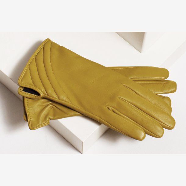 Belsac, kort skindhandske i gul med tuber p oversiden 