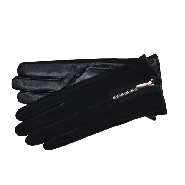 Belsac, sort skindhandske med lynls og ruskind p oversiden