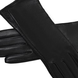 Belsac, lang skindhandske i sort med detaljer i krokoprget skind