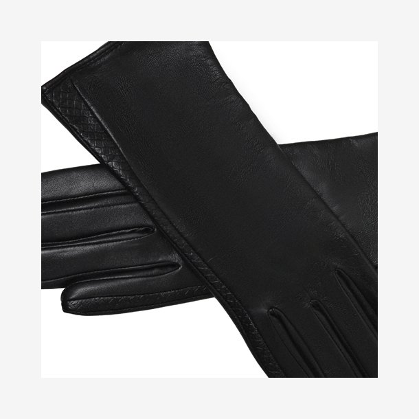 Belsac, lang skindhandske i sort med detaljer i krokoprget skind