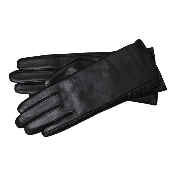 Belsac, lang skindhandske i sort med detaljer i krokoprget skind