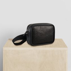 Hisano, Belsac sort bæltetaske i skind med kraftig rem